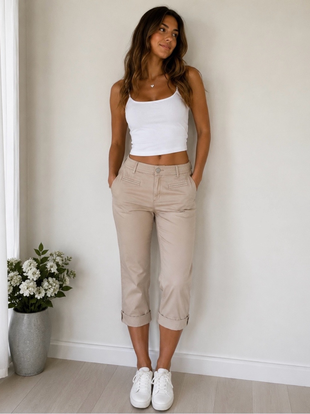 Beige Cargo Capri Pants